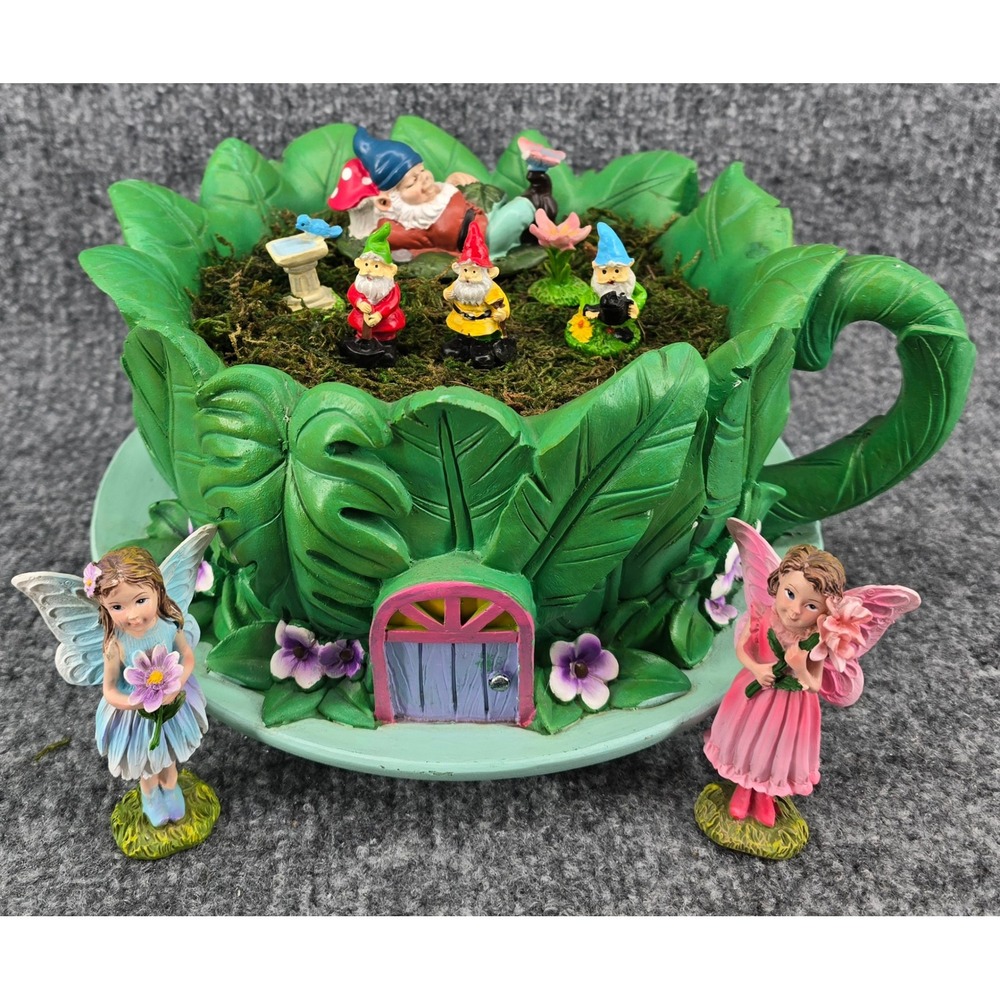 Ebros Fairy Garden Planter W/ Figures 9 Piece Set Green Resin Teacup Gnomes 11x5